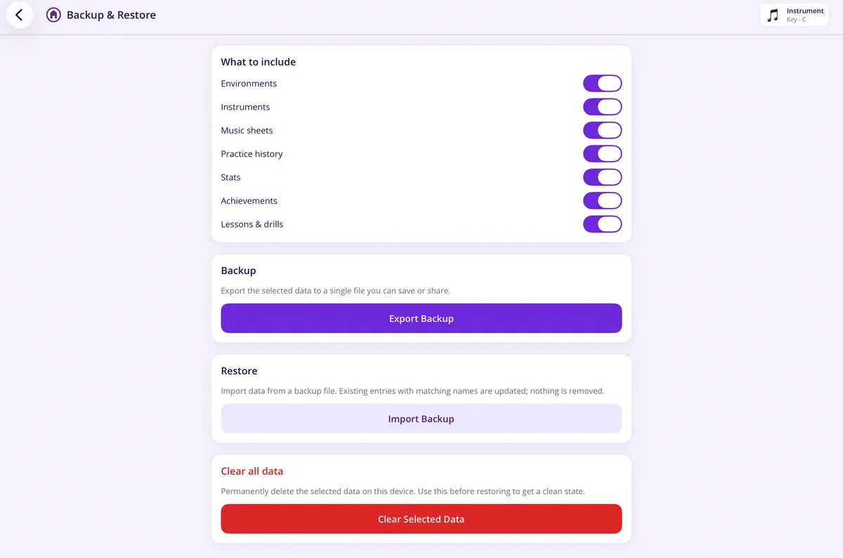 The Backup and Restore screen, with individual toggles for environments, instruments, music sheets, practice history, stats, achievements, and lessons and drills