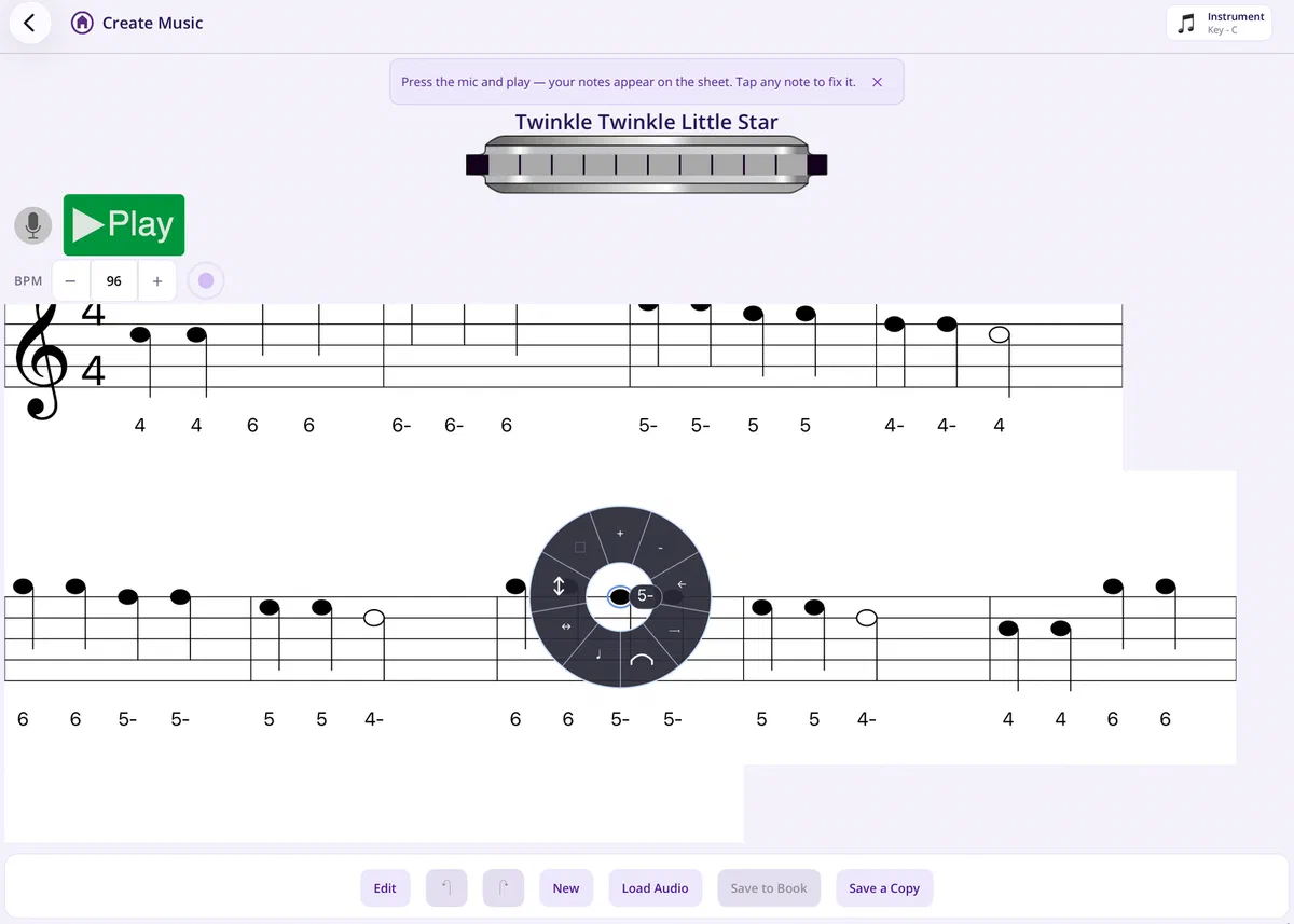 The Create Music screen with a note selected and the editing dial open