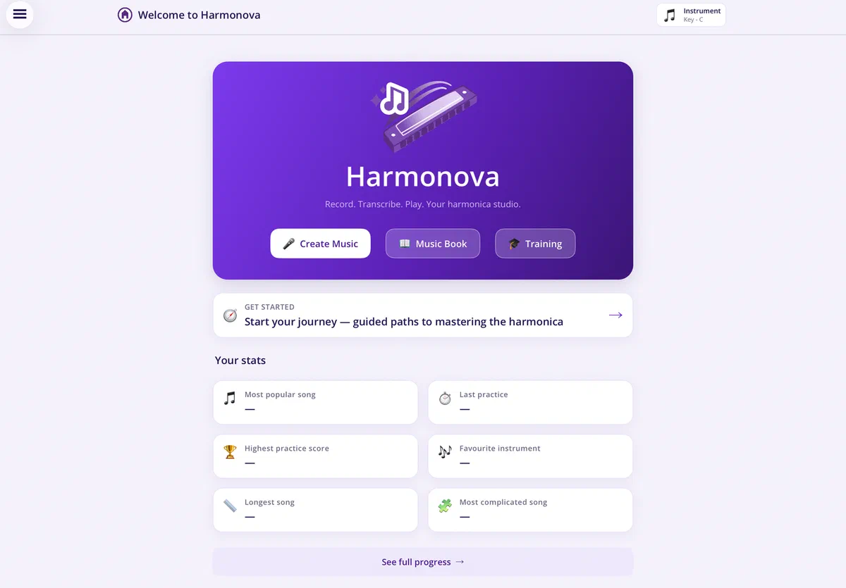 The Harmonova dashboard showing quick actions, a continue-your-journey card and practice stats