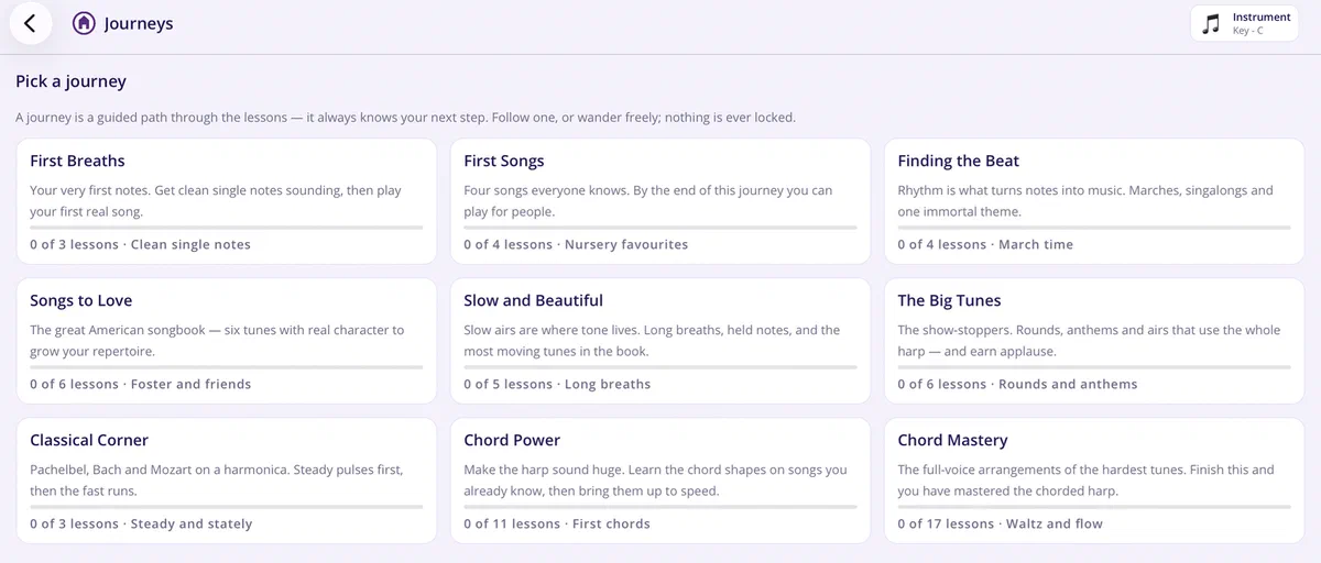 The Journeys screen showing nine guided paths, from First Breaths to Chord Mastery