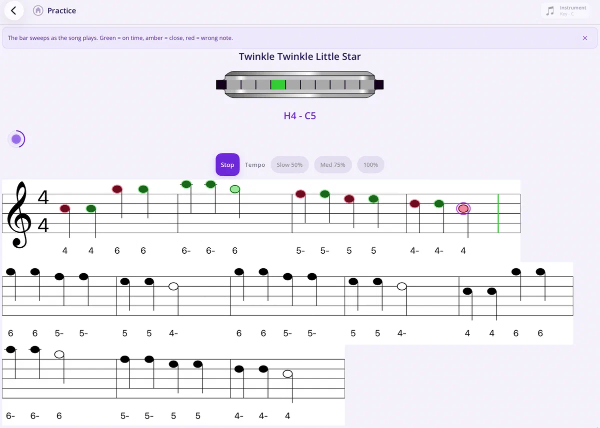 Practice mode scoring a run of Twinkle Twinkle Little Star, with notes coloured green, amber and red