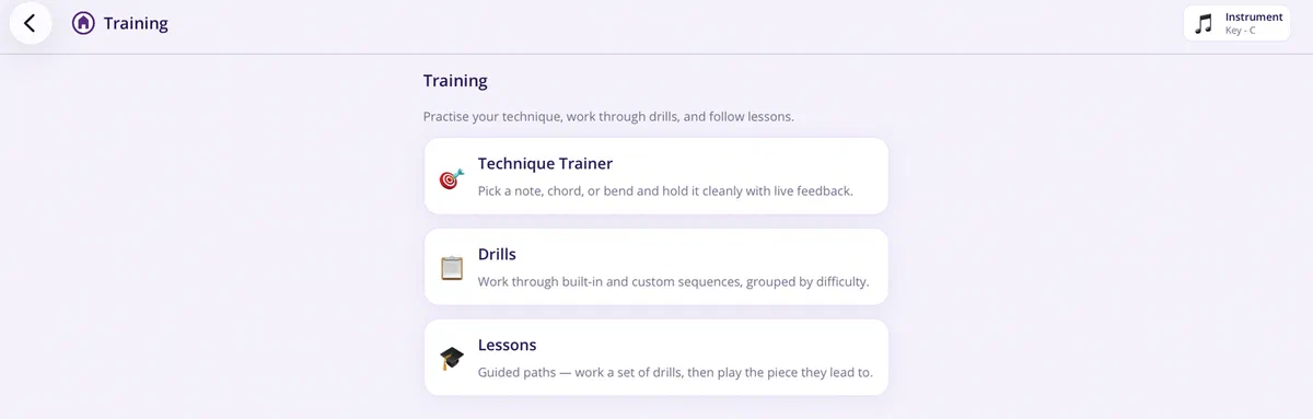 The Training screen: Technique Trainer, Drills, and Lessons