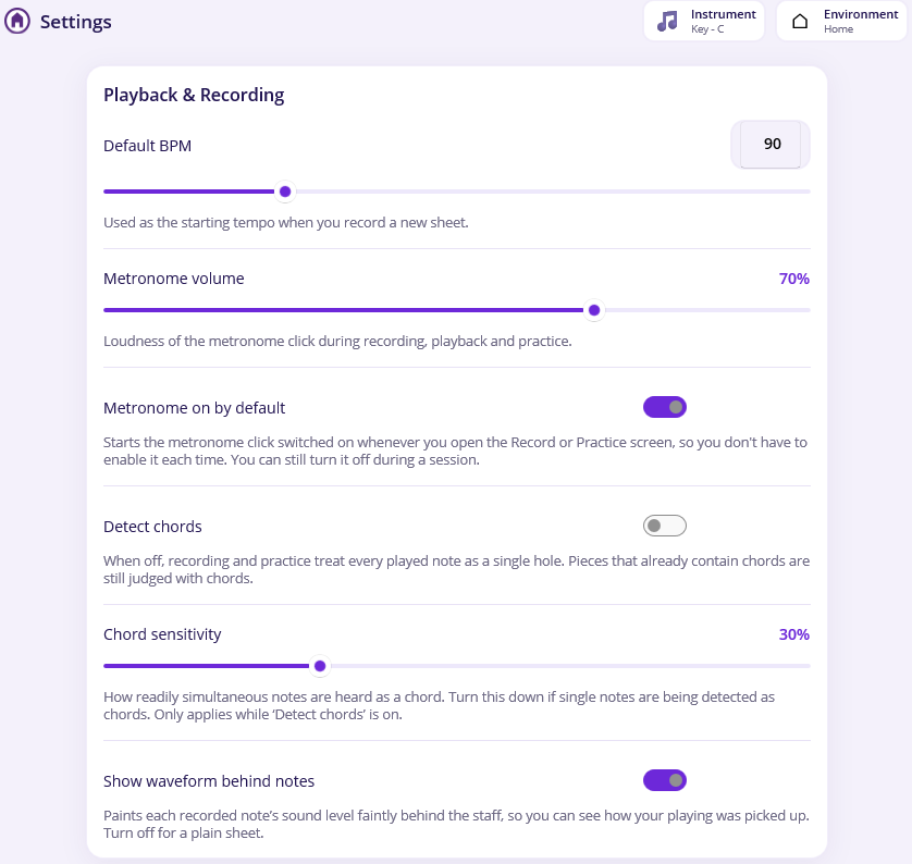 The Settings page